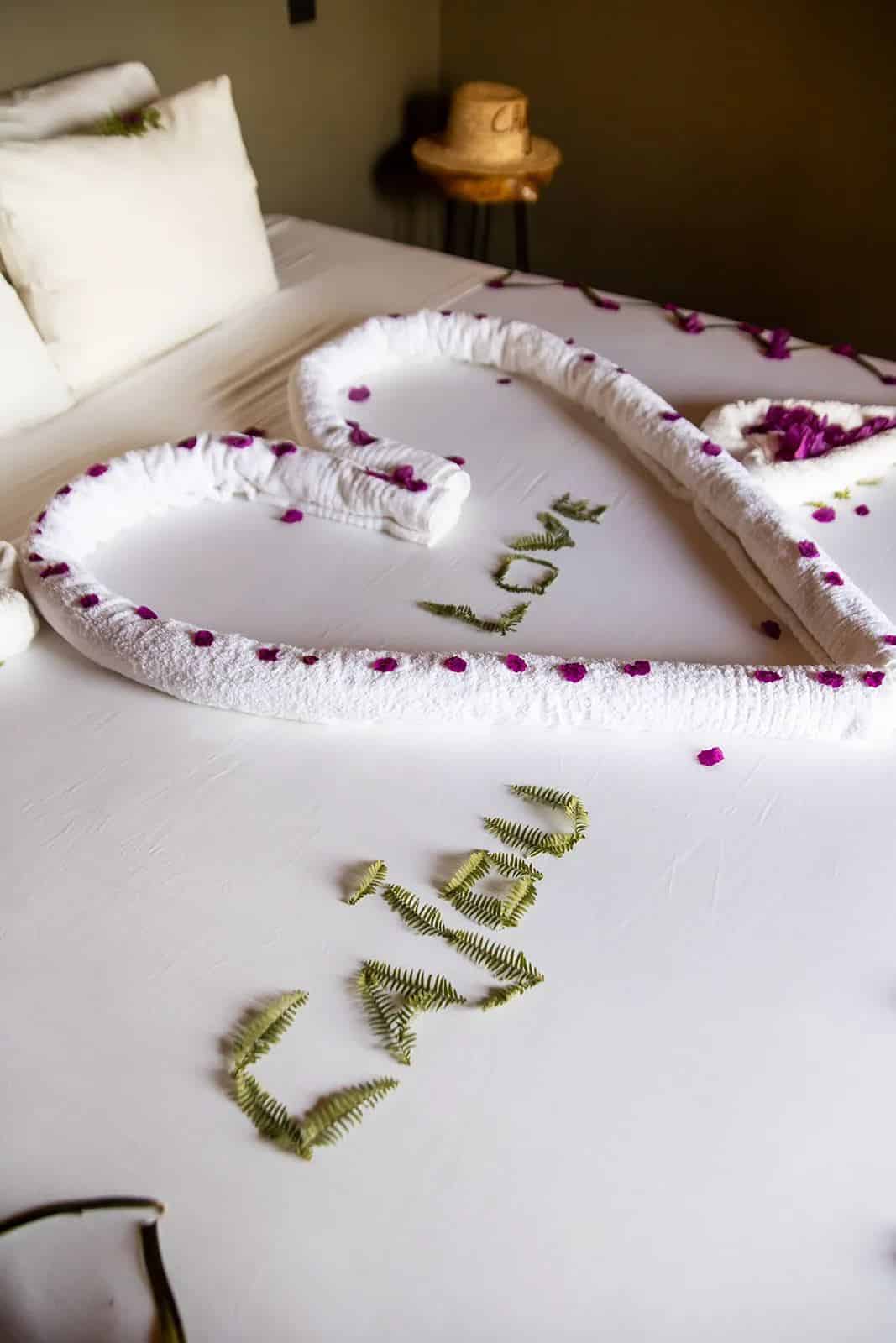 Pétales de fleurs disposés sur le linge blanc au nom de Cajou