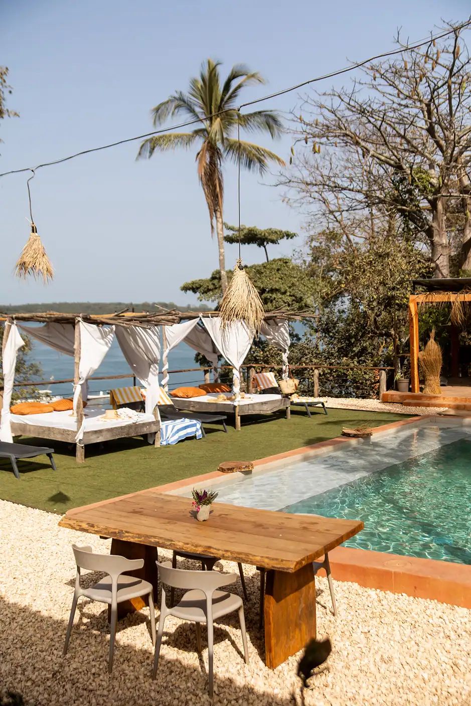 Piscina e camas de descanso com vista para o mar sob uma palmeira